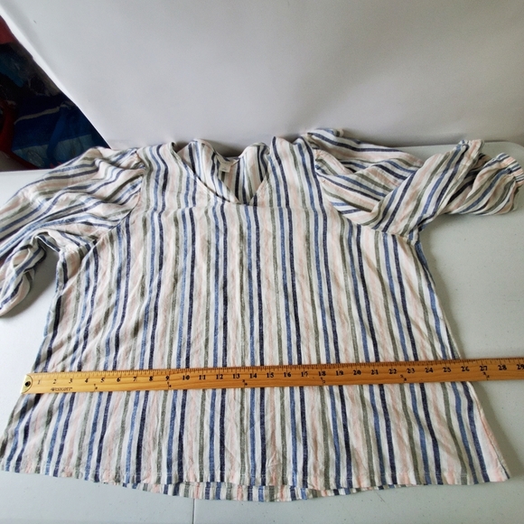 Caslon Linen Blend Striped Puff Sleeve Top Size XL V-Neck Popover Casual Coastal - Picture 7 of 12
